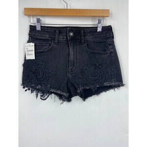 American Eagle Hi-Rise‎ Shortie Black Lace Detail Cut Off Shorts Size 4 NWOT